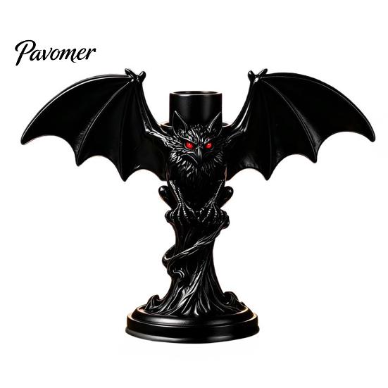 Dark Aesthetic Candle Decor Halloween Devil Bat Holder, Gothic Winged Candlestick with Spooky Party Red Eyes, Matte Black Sticks Holder Tabletop