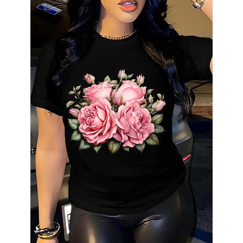 

European size Women S Black T-Shirt with Pink Floral Print - I m a Proud Mom of 3 Design, Breathable & Comfortable Fabric 4XL