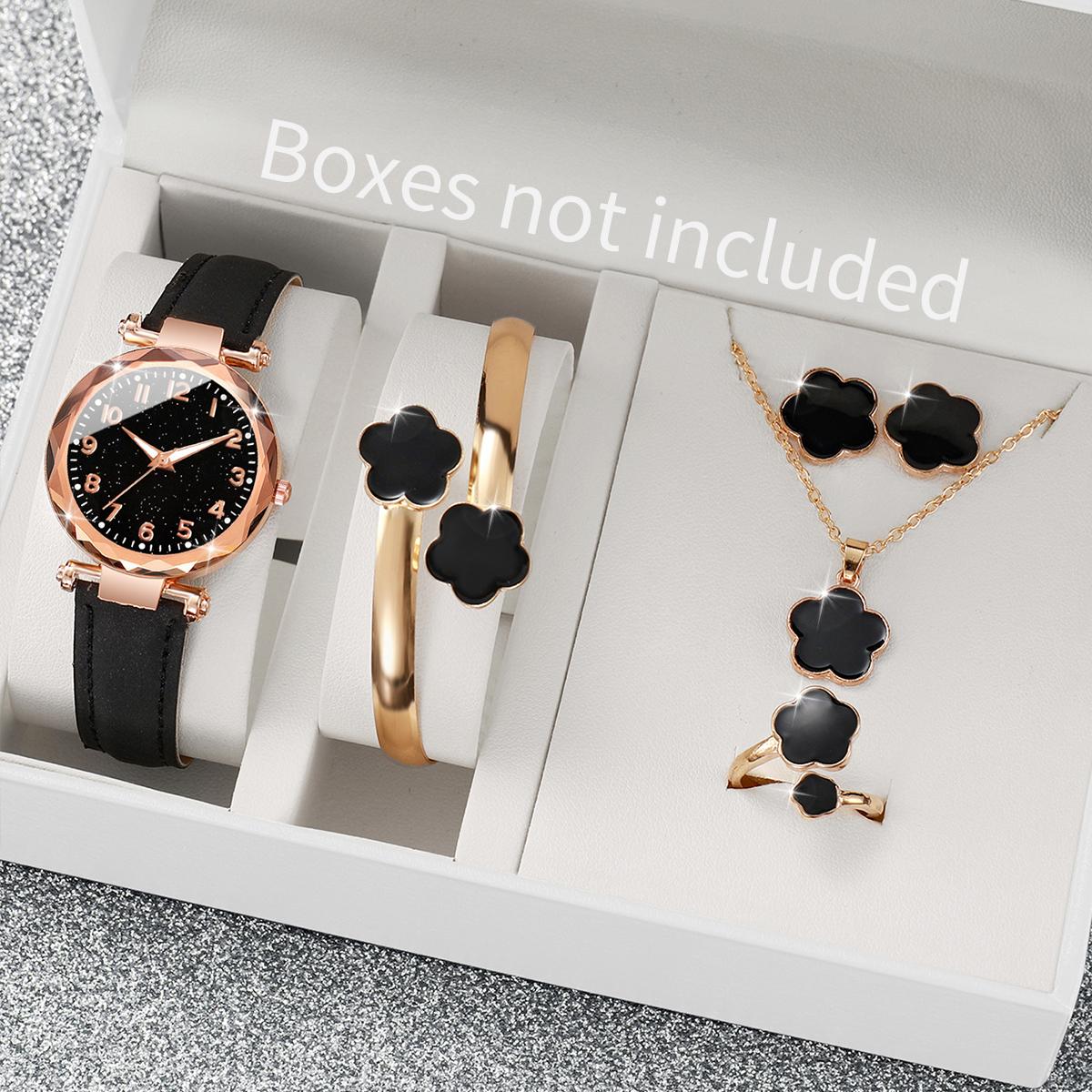 

6PCs/Set Women s Watch Fashion Digital Leather Quartz Watch with Unique Flower Jewelry Set чёрный