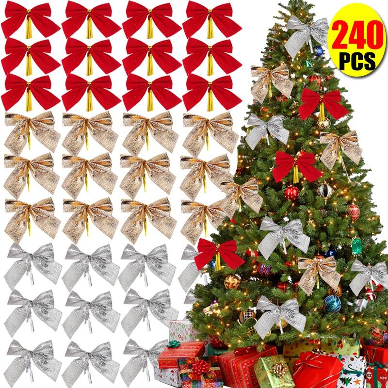 12/240pcs Christmas Bows Hanging Decorations Gold Silver Bowknot Christmas Tree Ornaments New Year Xmas Party Gift Decoration