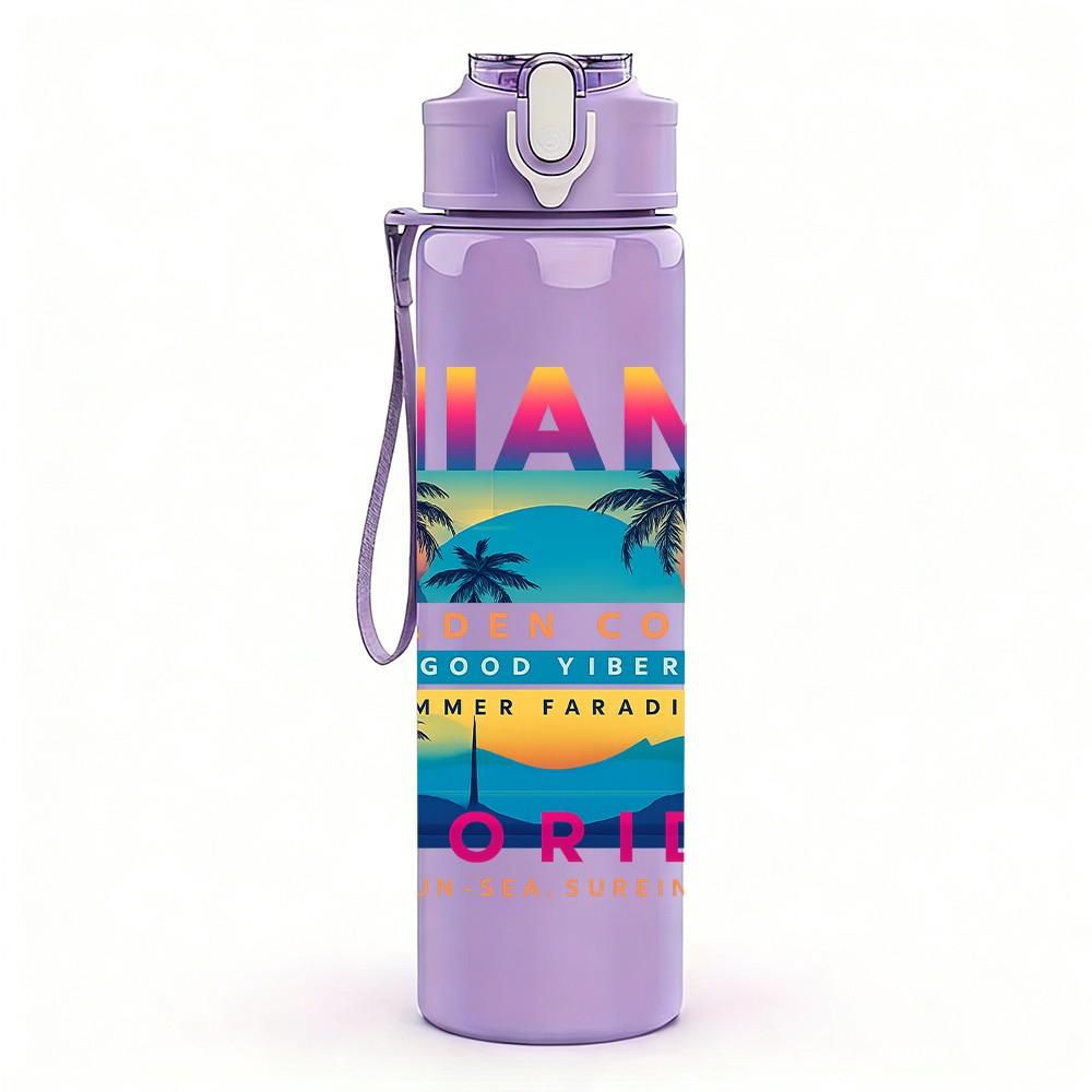 1PC Miami Beach Retro Poster Print 750ml Color Plastic Sports Water Bottle Leakproof Flip Straw Lid Suitable for Sports Office Home Use