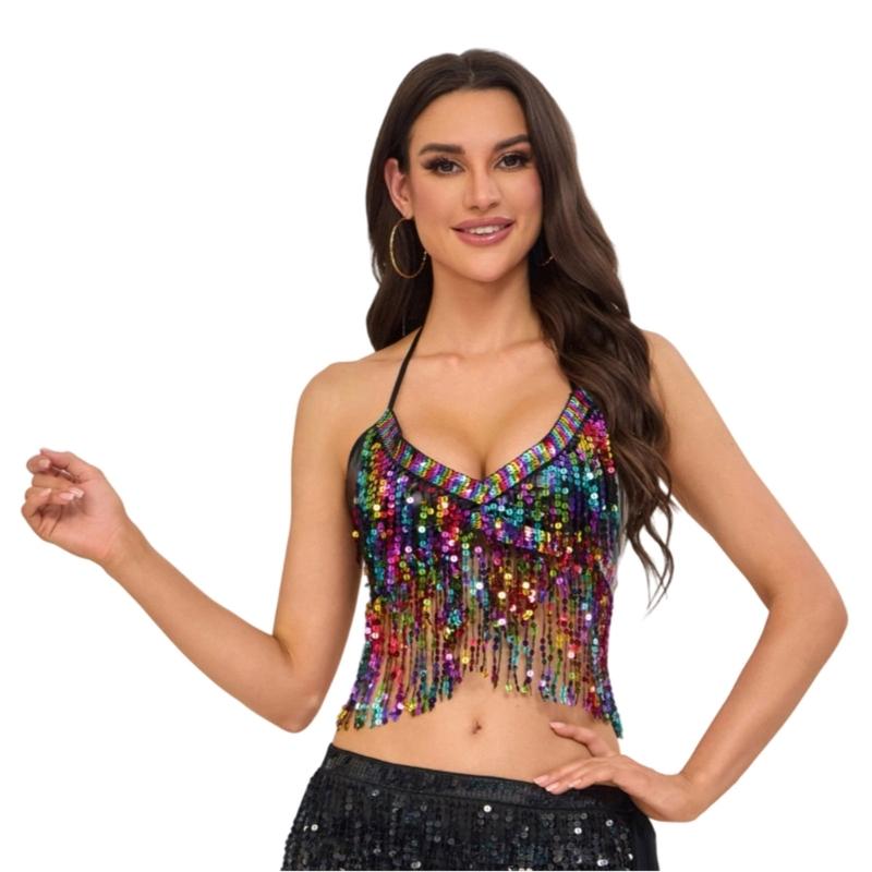 Belly Dance Bandage Glitter Bra Top with Chest Pad Women Belly Dance Costumes for Cosplay Halloween Performances Stage