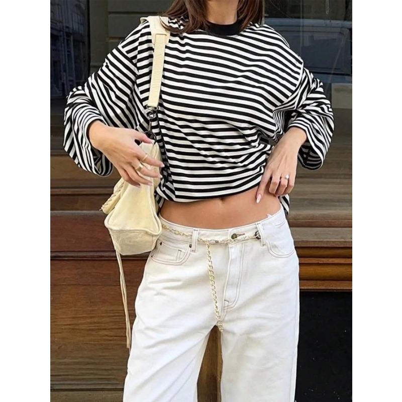 Loose Casual Retro Color Contrast Striped Long Sleeve T Shirt Top