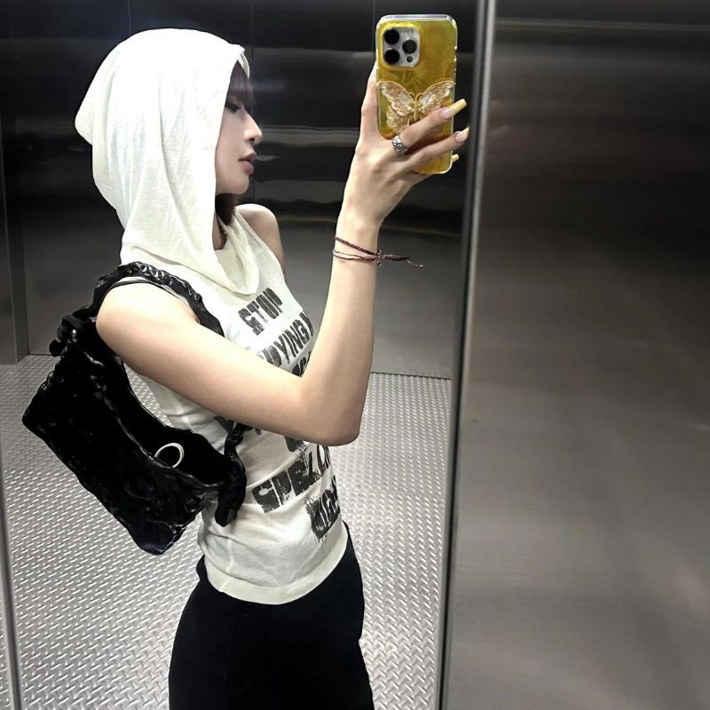 Retro Hoodies Tees For Women Sexy Tops Sleeveless Girls Y2K Tops Letters Cycling Tees Workout Street Wear Gym Sports Fitness Tops