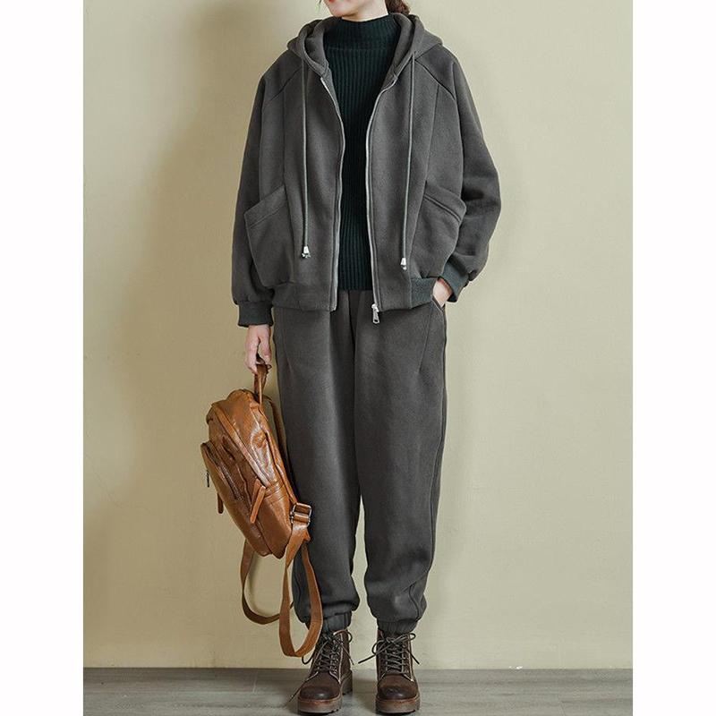 Women Sets Zipper Hoodies Harem Pants Suit Autumn Winter Fleece Thicken Warm Casual Tracksuit