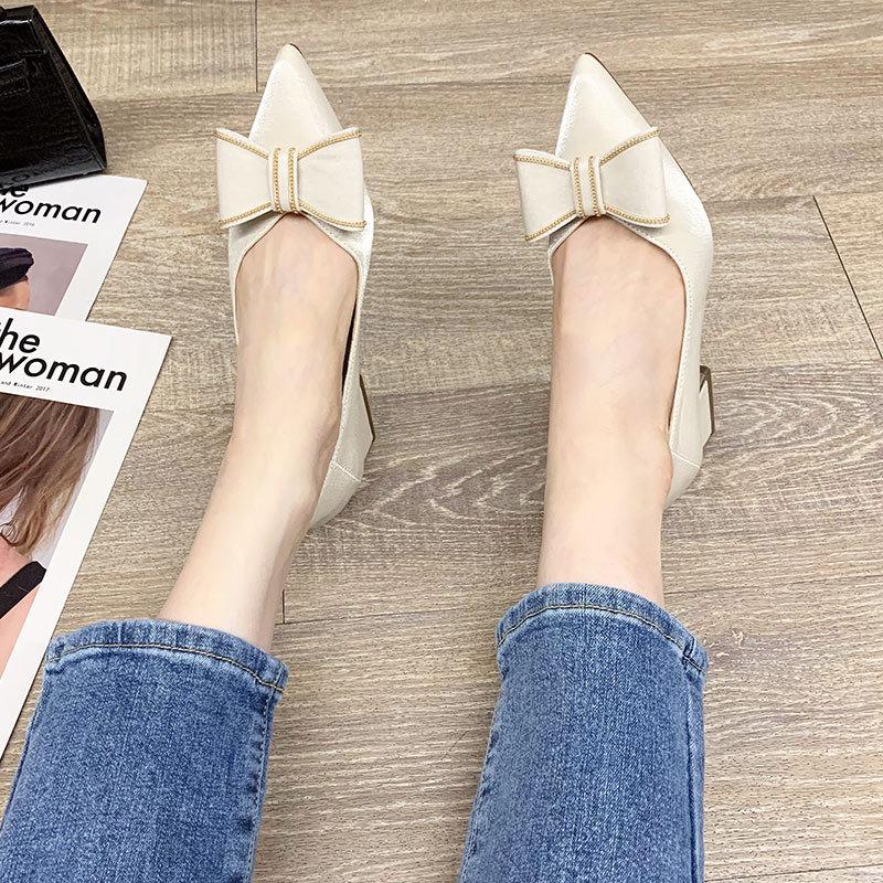 Single shoes women's thick heel mid-heel spring new women's shoes pointed head shallow mouth four-season shoes women's versatile bow high heels