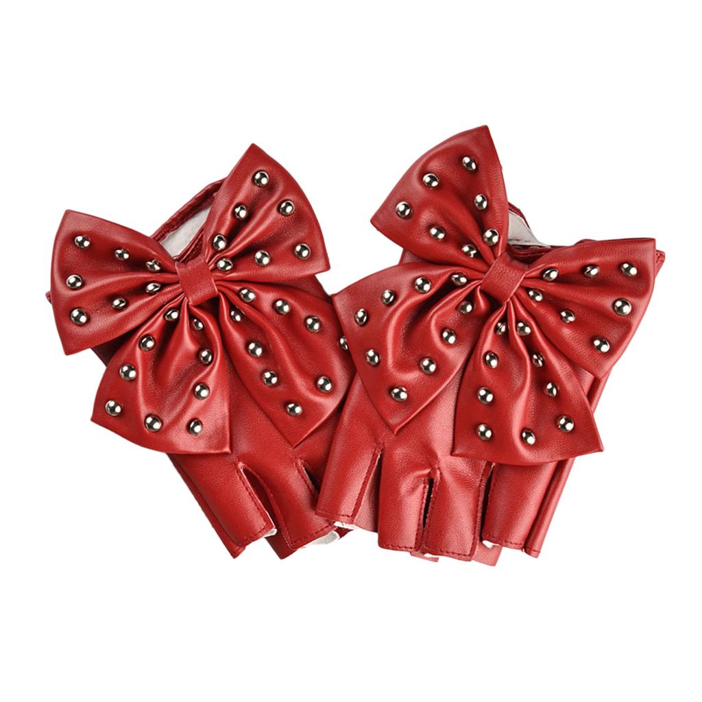 Elegant Women Half Finger Gloves with Rivets And Bowknot Punk Hand Gloves For Fashion Formal Event and Dance Party