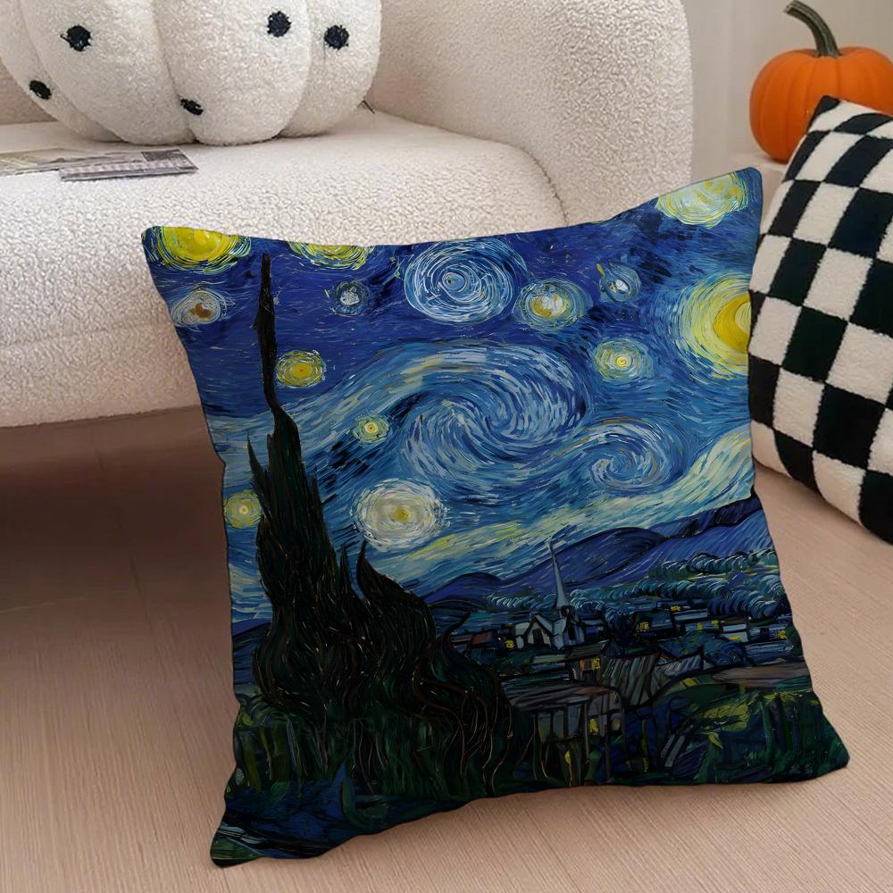 Van G-Gogh Starry Night Pillow Art Masterpiece Cushion Cover Throw Pillow Cover Hidden Button Durable Polyester Chair Cushion