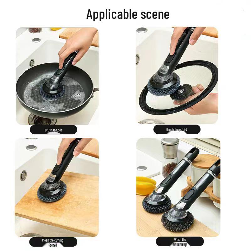 Automatic Liquid-Dispensing Long Handle Kitchen Cleaning Brush with Steel Wool