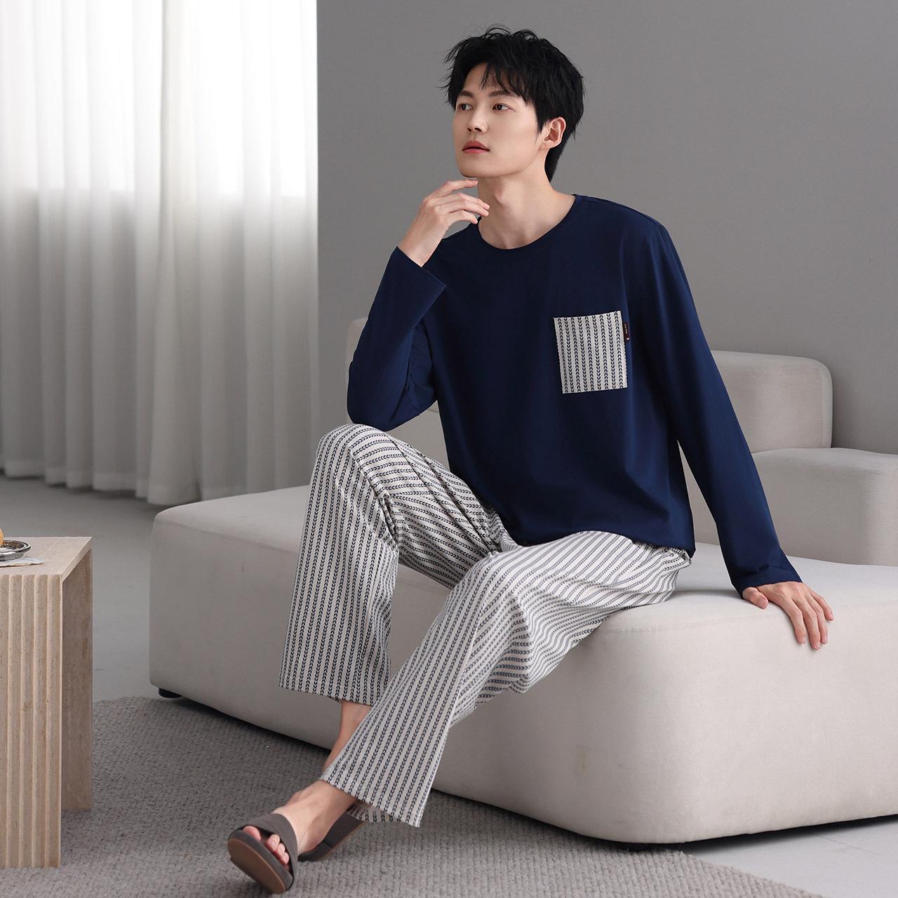 

Осенний мужской пижамный комплект из спандекса и хлопка - С длинным рукавом, длинные брюки, повседневная домашняя одежда для всех возрастов. L (Height 165-170 cm, Weight 120-140 kg)