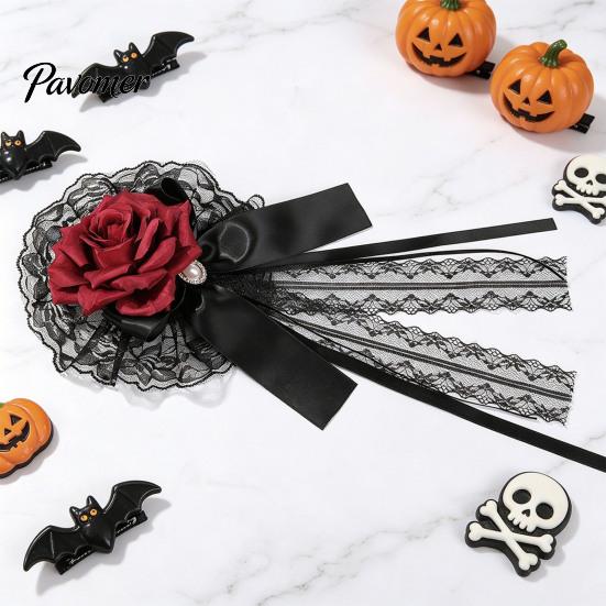 Halloween Costume Hair Decor Rose Bow Clip, Lace Pearl Hairpin, Lolita Gothic Bowknot Floral Headpiece Hairpin for Women Bride Cosplay Party