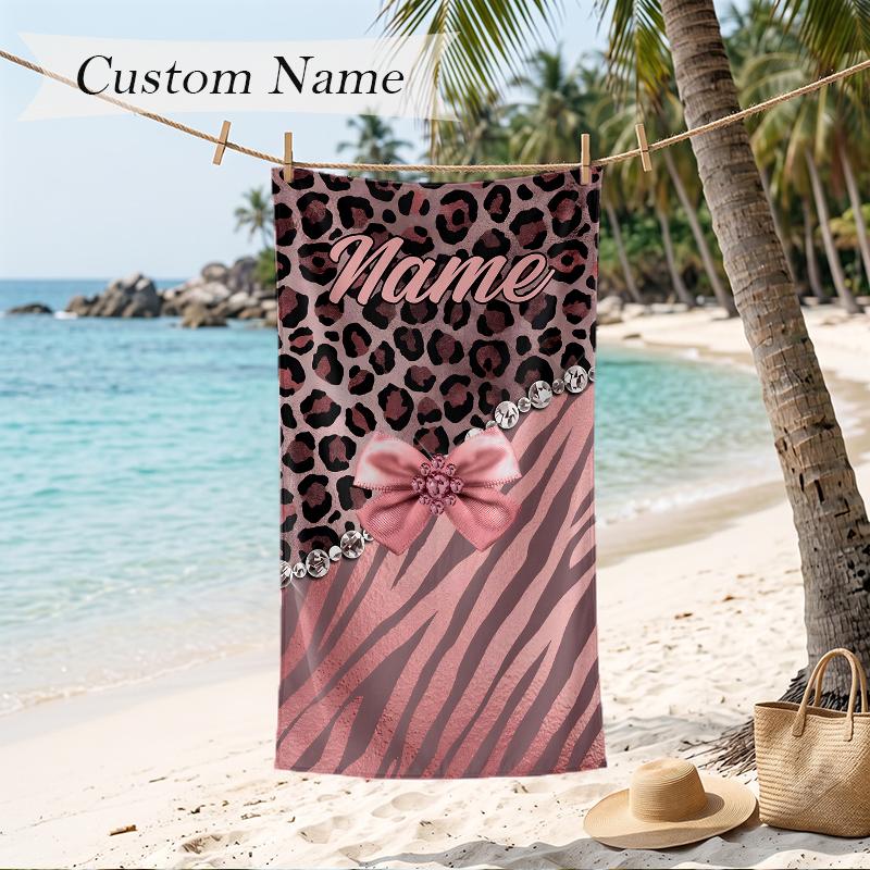 Trendy Leopard Print Custom Name Printed Beach Towel Personalized Soft Towel For Swimming Beach Travel