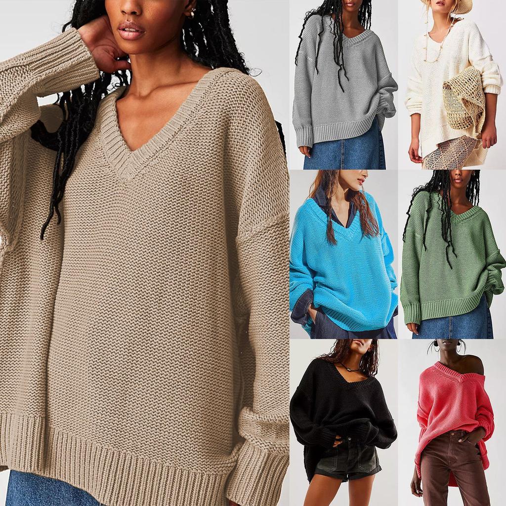 Oversized V-Neck Sweater - Western Style Pullover Knit