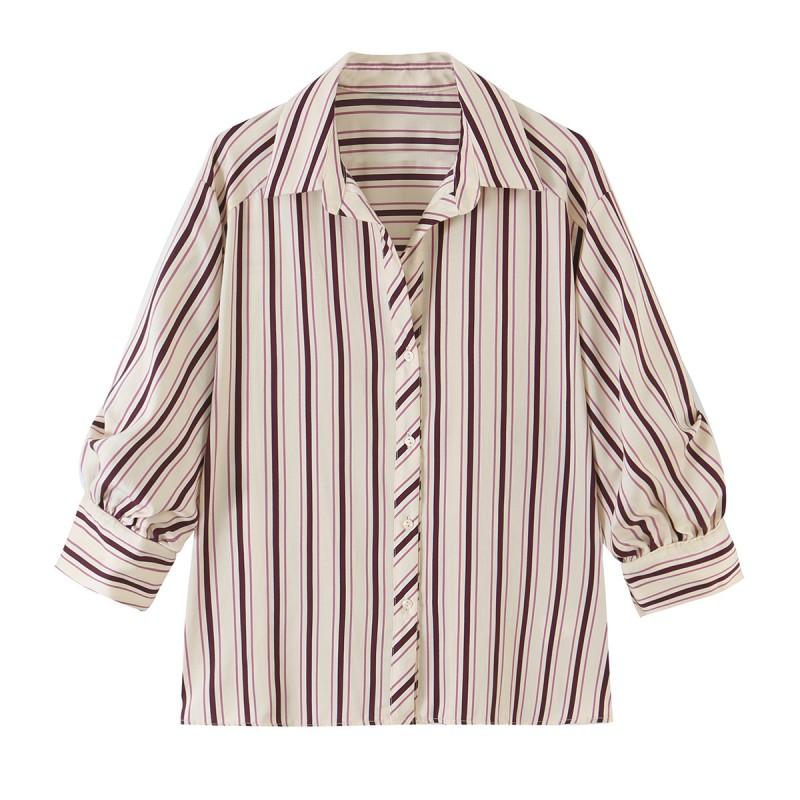 Womens Striped Shirt Turn-down Collar Adjustable Sleeve Length Casual Long Blouse
