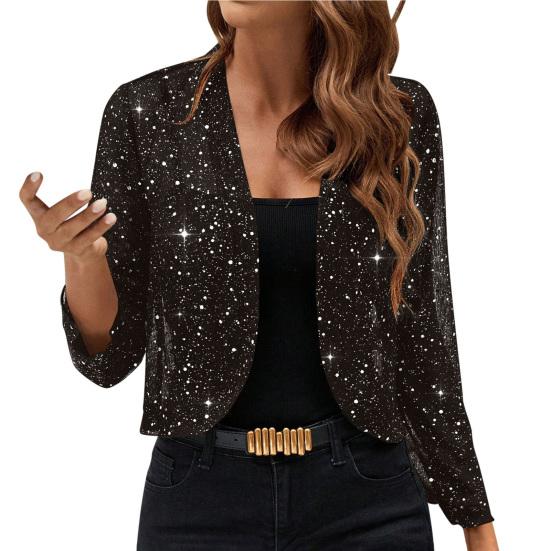 Women Sparkly Cardigan Coat 3/4 Sleeve Open Front Sequin Tops Sexy Golden Bling Coat Casual Holiday Party Outfit