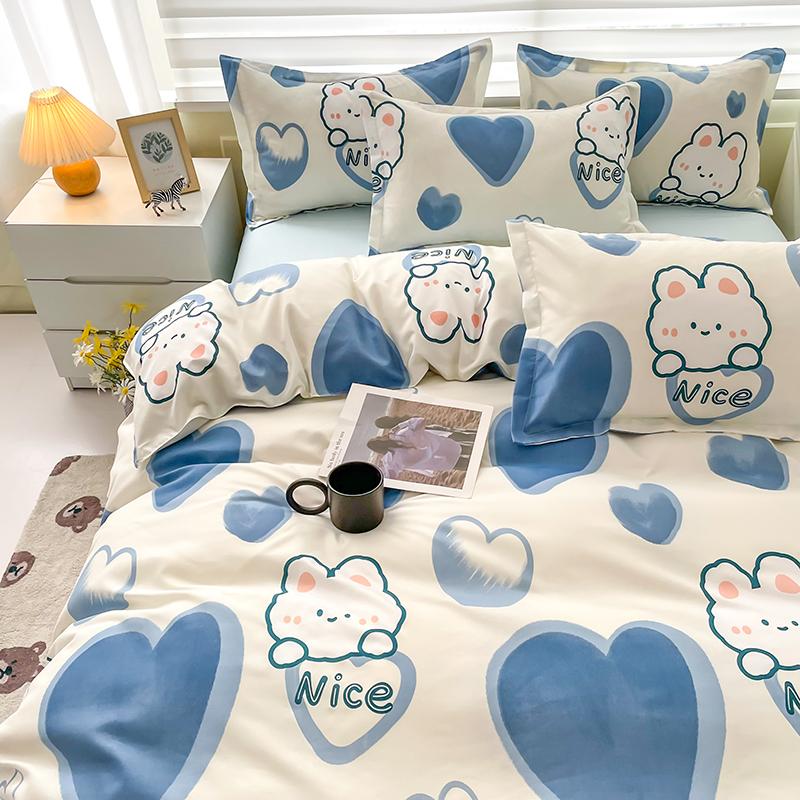 Blue Love Duvet Cover Set Heart Shaped Cute Rabbit Print Bedding Sets For Women Girls Teens Bed Set Flat Sheet Reversible Covers