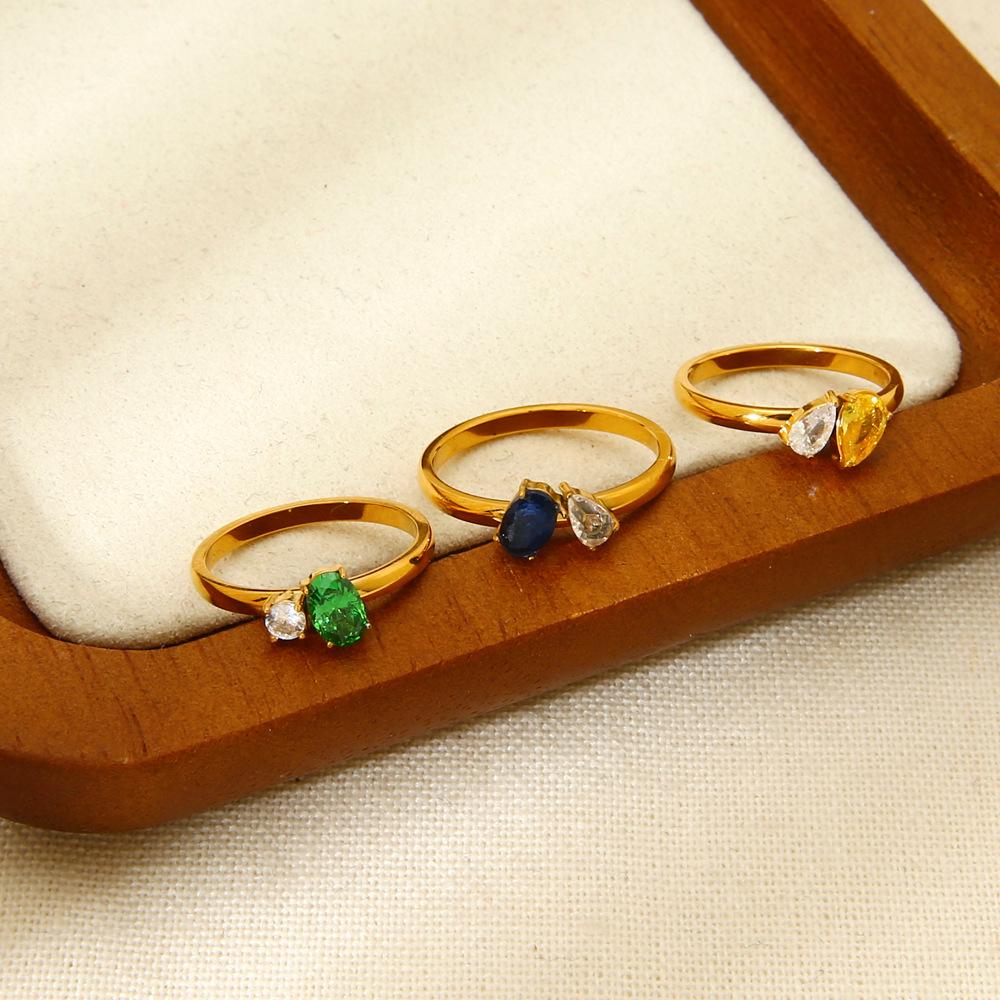 European and American Light Luxury Stainless Steel Geometric Water Drop Zircon Ring Electroplated 18K Gold High-end Jewelry