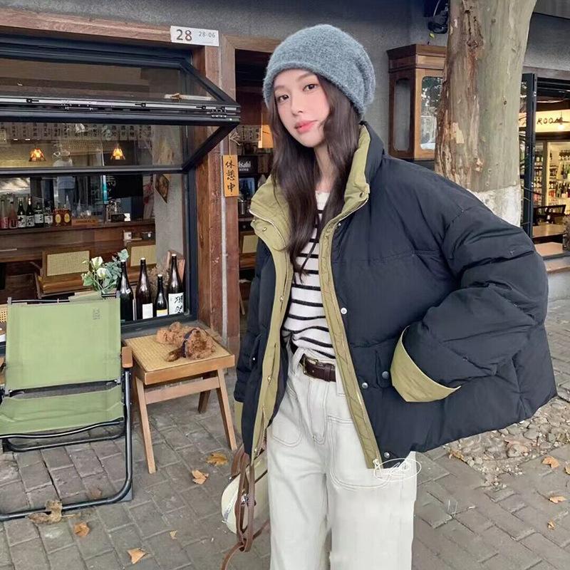 Contrasting color stand-up collar down jacket 2024 winter new loose fashion dopamine thickened warm bread jacket