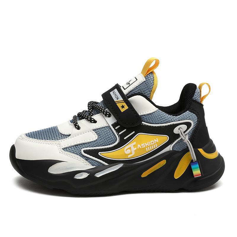 Boys shoes 2025 autumn new double mesh leather surface breathable hollow children's sports shoes medium older boys running shoes