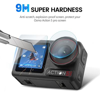 For DJI Osmo Action 5 Pro Camera 9H Tempered Glass Film+Mini Storage Carring Bag+Lens Protective Case Cover+Windslayer Cover