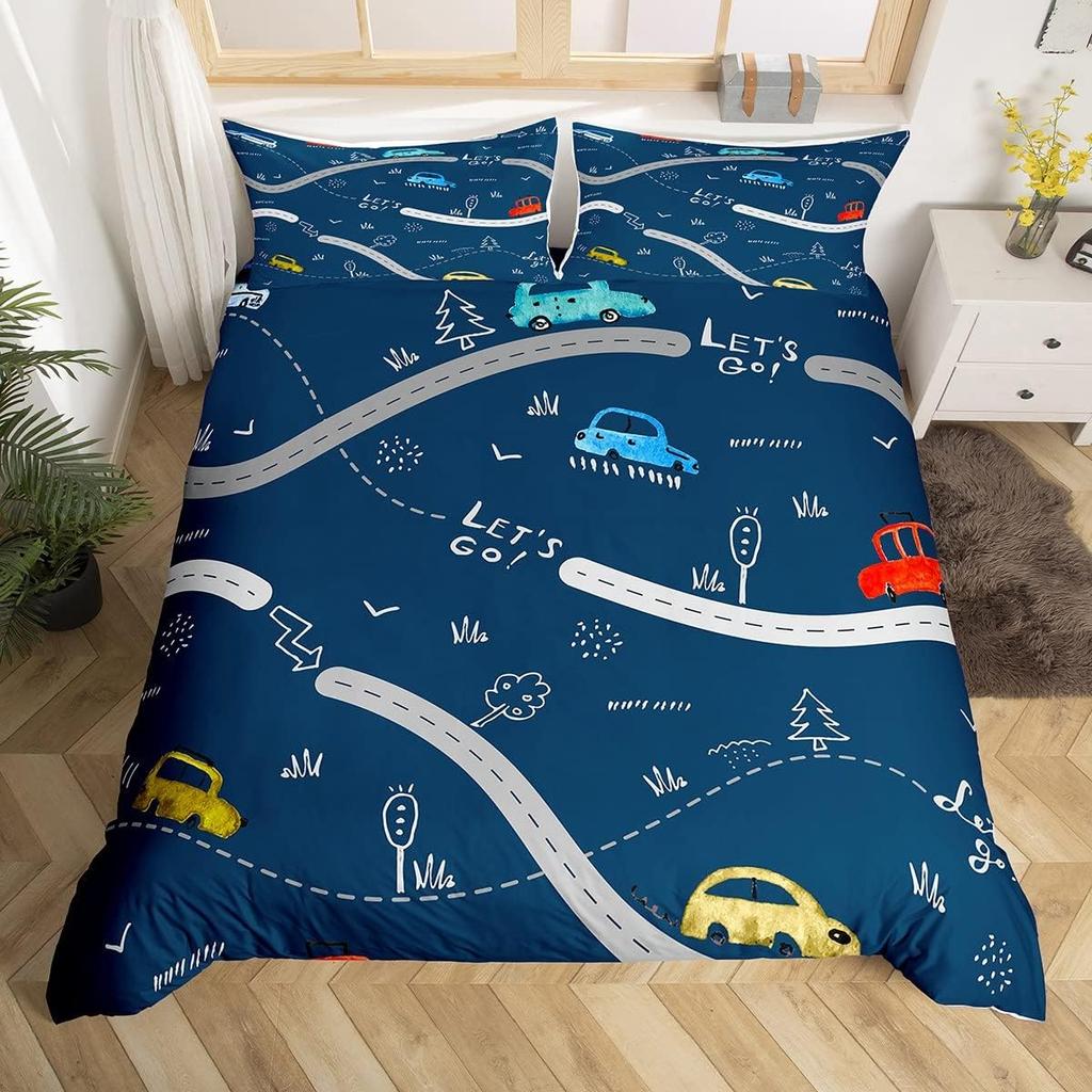 Cartoon Cars Duvet Cover Single Queen City Roads Bedding Set Hand Drawn Truck Bicycle Comforter Cover for Boys Teen Room Decor