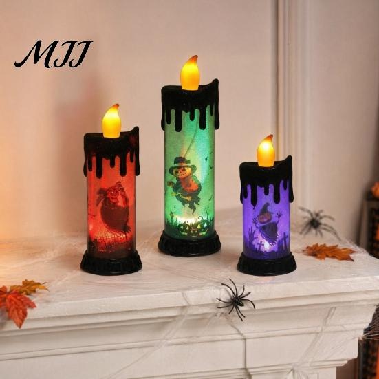 Battery Operated Halloween Candle Electronic Light, Fun Spooky LED Candle, 3-Color Flickering Three-color Luminous Realistic Flame Safe