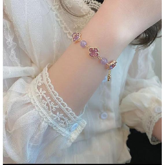 Clover*Hetian jade four-leaf clover bracelet, lucky niche design, new model that enhances complexion Lavender and four-leaf cl