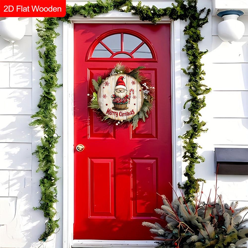 Frohe Weihnachten Holzschild mit entzückendem Wichtelmuster - Navidad Rundes Schild für Haustür, Wandhänge-Dekor - Ideale Weihnachtsdekoration