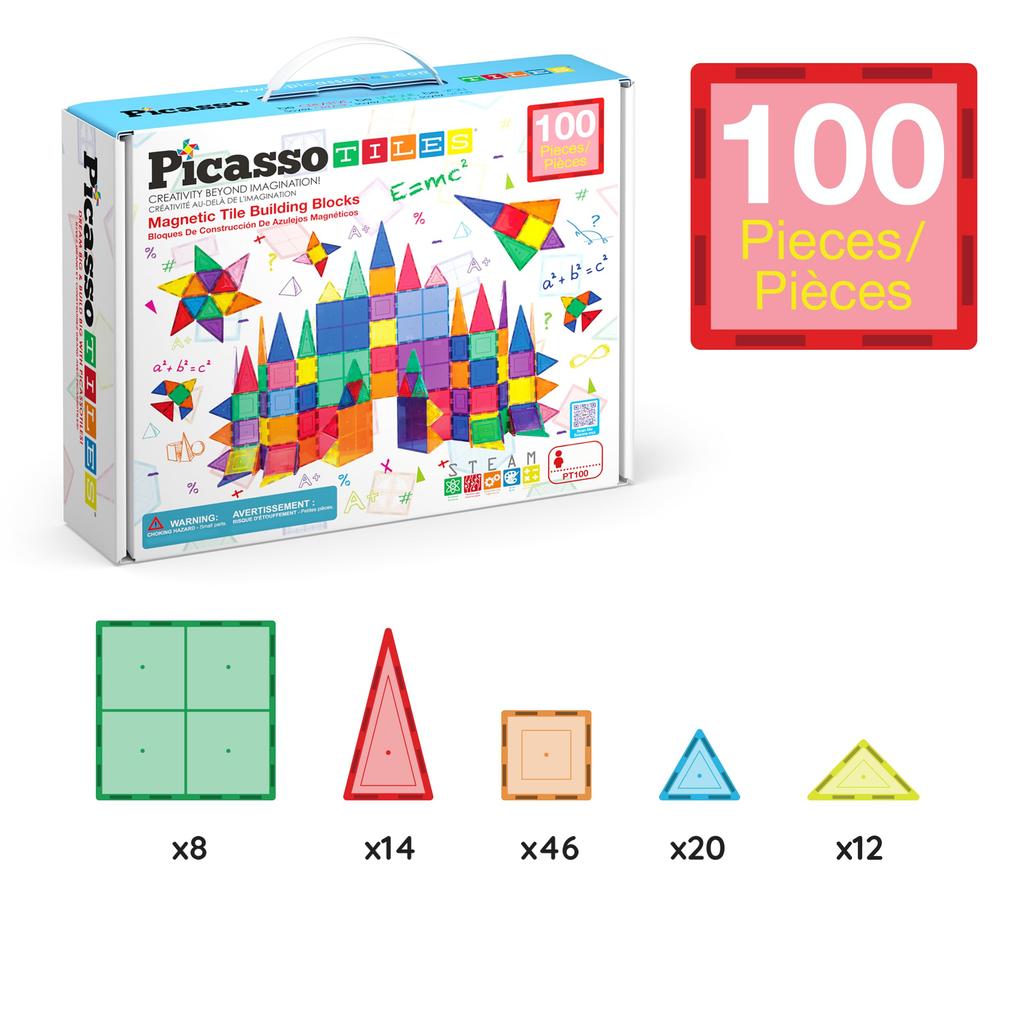 PicassoTiles 100 Piece Set 100pcs Magnet Building Tiles Clear Magnetic 3D Blocks Construction Playboards, Creativity Beyond Imagination, Inspirational