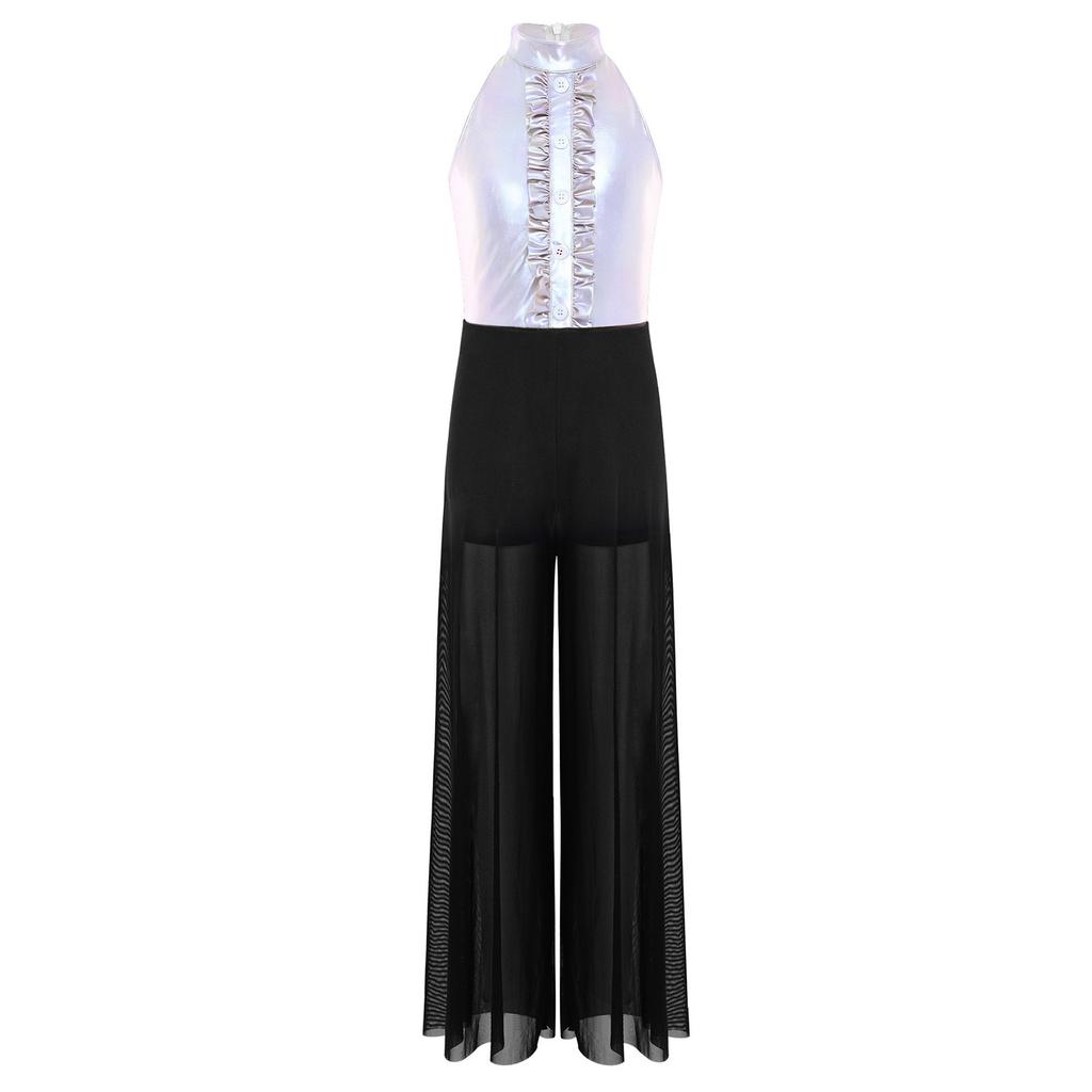 Meisjes Mock Neck Mouwloze Jumpsuit Metallic Bodice Ruches Wijde Pijp Rits aan de Achterkant Jazzdans Kostuum