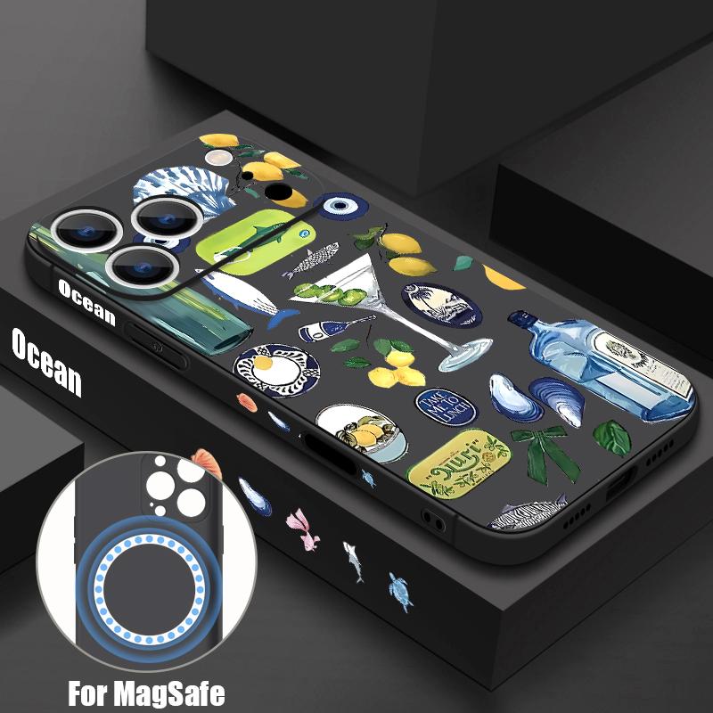 Contrast Color Cartoon Fish Conch Pattern Case For iPhone 16 Pro Max Magnetic For Magsafe Soft Cover For iPhone 17 15 14 13 Pro Max 17E 16E