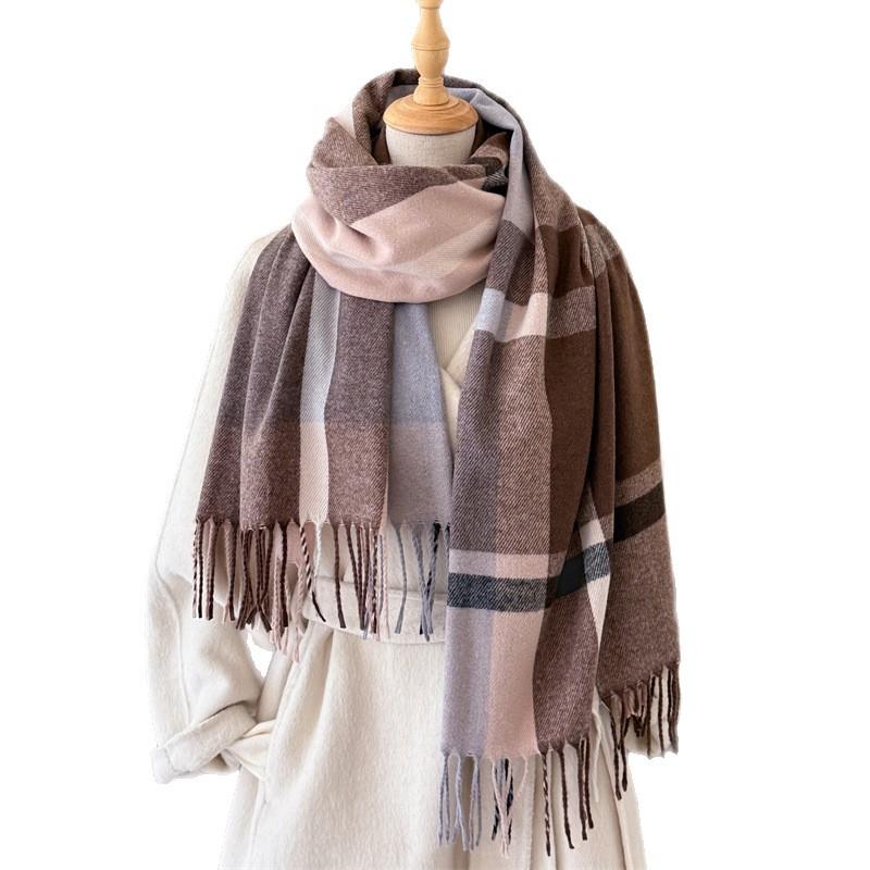 Korean version of literary and artistic plaid, warm in autumn and winter, cold scarf shawl, commuting versatile couple tassel imitation cashmere scarf