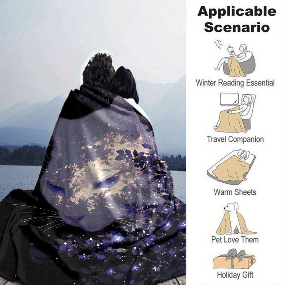1pc Cat,Twilight,Blossoms Digital Printed Flannel Blanket, Super Soft Plush Fleece Bed Cover, Multipurpose Four Seasons Hypoallergenic Quilt 150x180cm