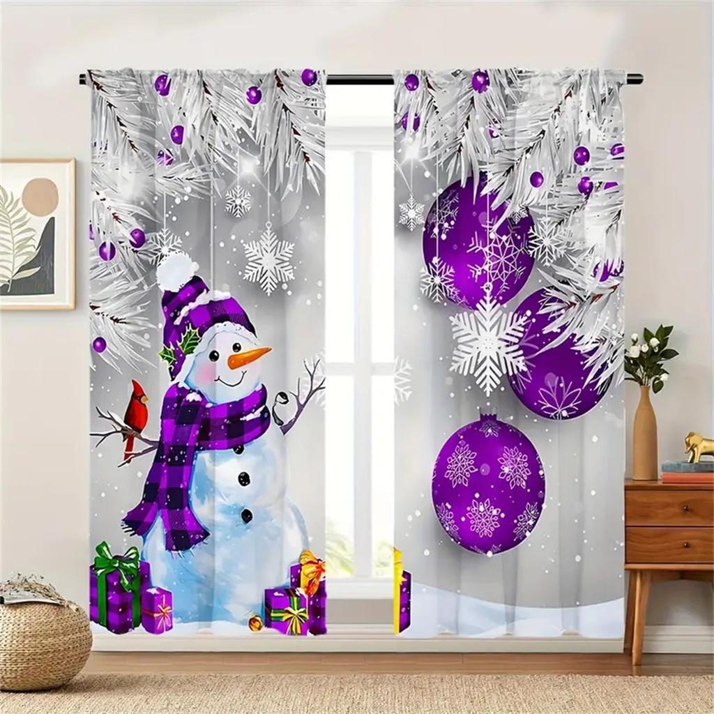 2pc,Christmas Ball Pine Leaves Curtain,With Rod Pocket Mount,Digital Printed Curtains,Polyester Material,For Living Room Bedroom