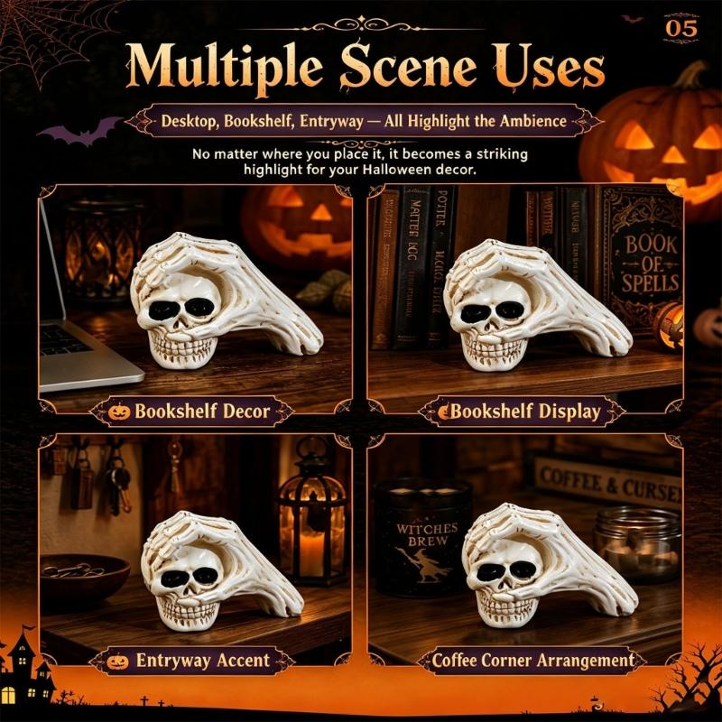 Resin Skull Figure for Halloween Display, Hand Over Skull Accent with Clear Bone Texture for Shelf Spots, Window Styling and Party Corner Use