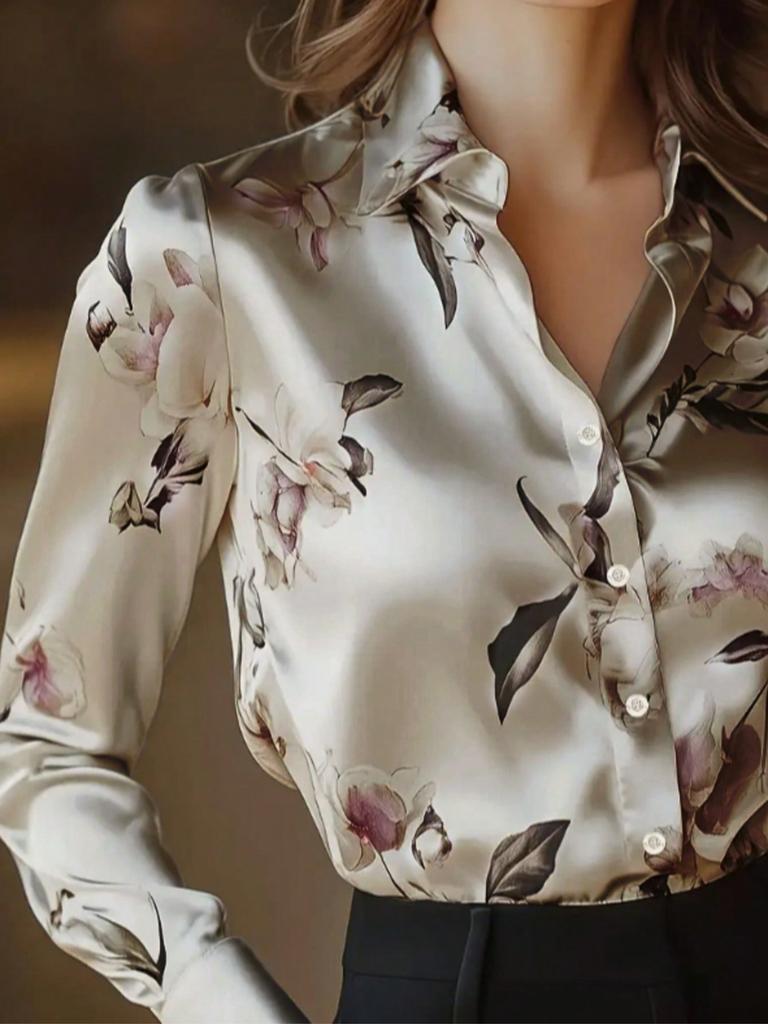 Floral Print Button Down Long Sleeve Shirt, Suitable For Dates, Holidays, Everyday, Birthday Parties, Singles Parties, Travel, Spring/Autumn Vacation