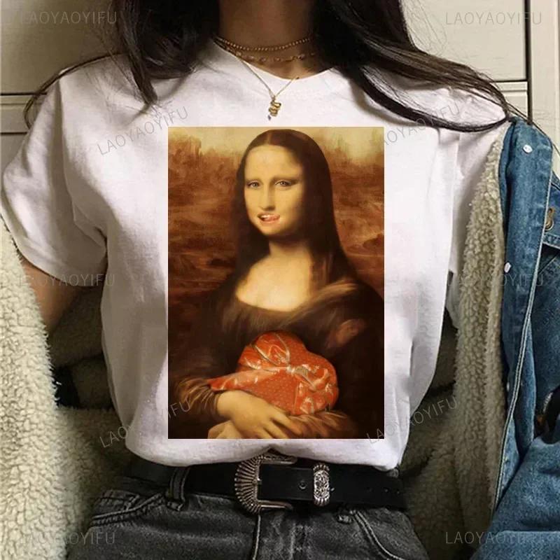 Vintage Humor Mona Lisa Print Women Fashion Top Funny Rose Mona Lisa T-Shirt Classic Camise Breathable Short-sleev