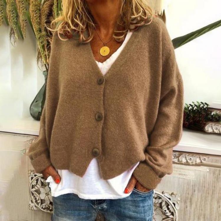 Lockere Passform V-Ausschnitt Pullover Mantel Langarm Strickjacke Einfarbig Gestrickt Damen Pullover