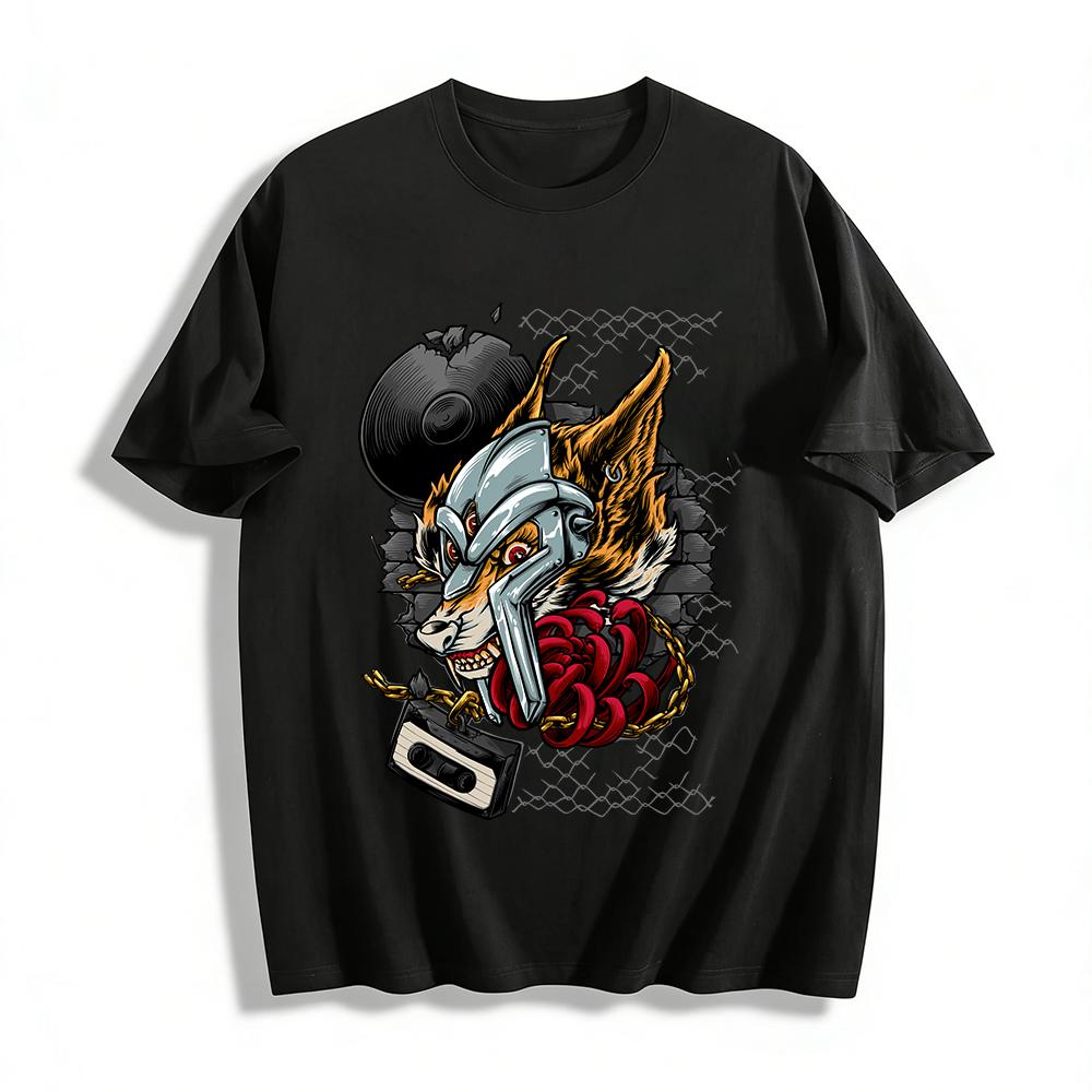 Cyber Mechanical Wolf Retro Music Graphic Print Streetwear T-Shirt Pure cotton T-shirt XXS