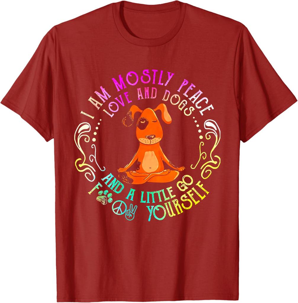 Peace Love Dogs Yoga Funny Graphic Tee Soft Cotton TShirt Casual Gift for Dog Lovers