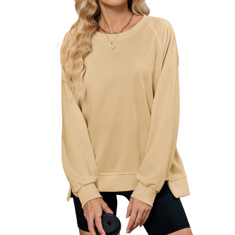 Autumn Winter New Solid Color Ribbed Round Neck Loose Sweatshirt Women Top