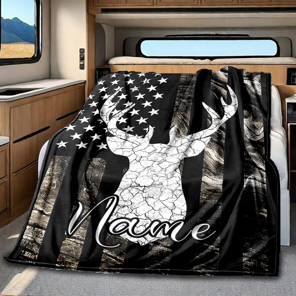 Deer Skull With American Flag And Camouflage Background Blanketcustomize Your Name Lightweight Comfortable And Stylish Blanket For Travel Bed Home