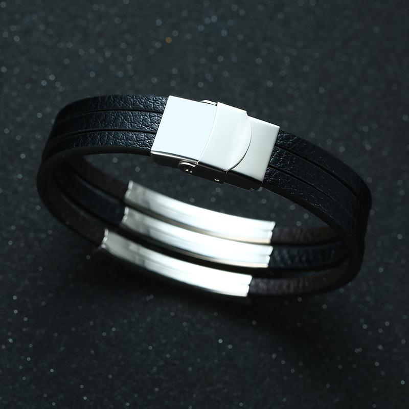 Personalized Mens Black Leather Bracelets ID Tag Customized for Men Women Dad Bracelets Wristband