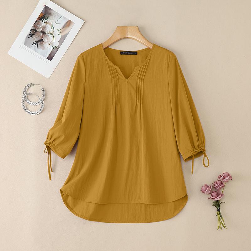

ZANZEA Женская повседневная однотонная свободная блузка с V-образным вырезом и рукавом 3/4 5XL жёлтый