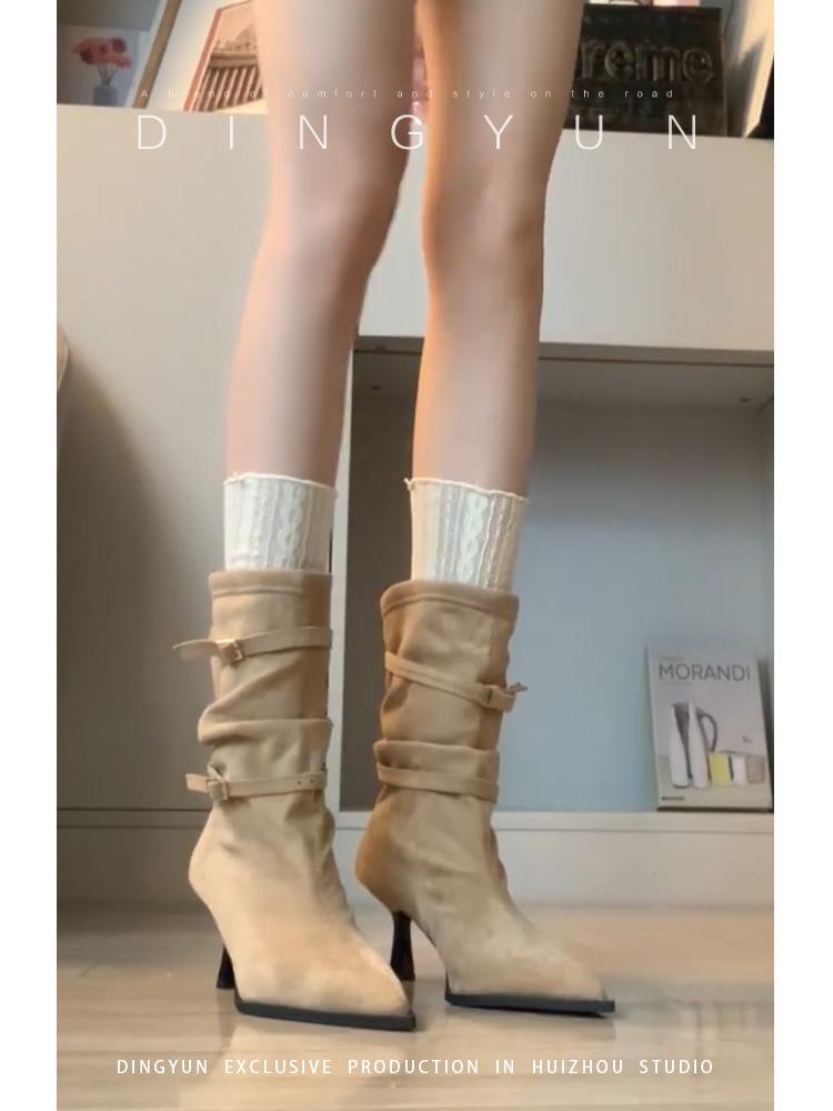 2025 autumn and winter new fashion versatile pointed heel suede French high heel thin short boots women's buckle belt