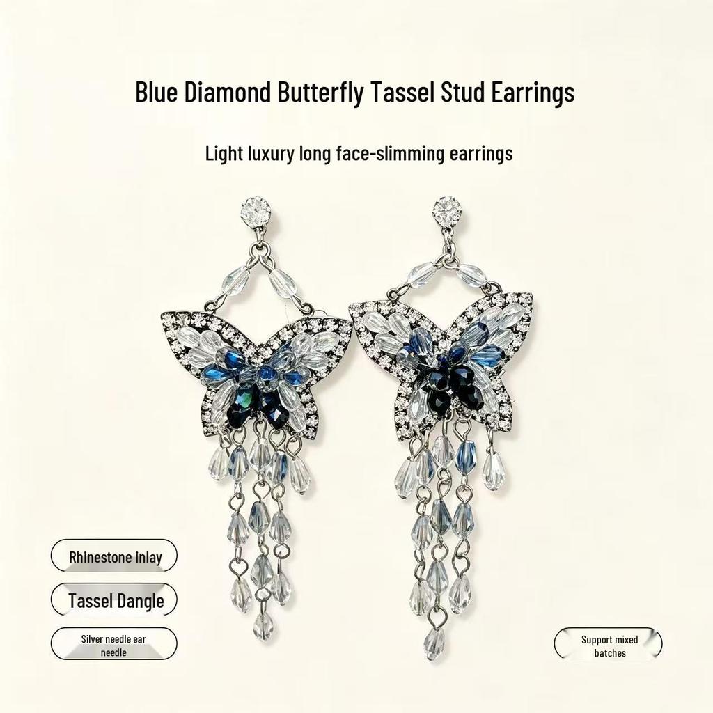 Silver Needle Crystal Beaded Butterfly Tassel Earrings - Elegant, Retro, and Fashionable Niche Jewelry for Women.