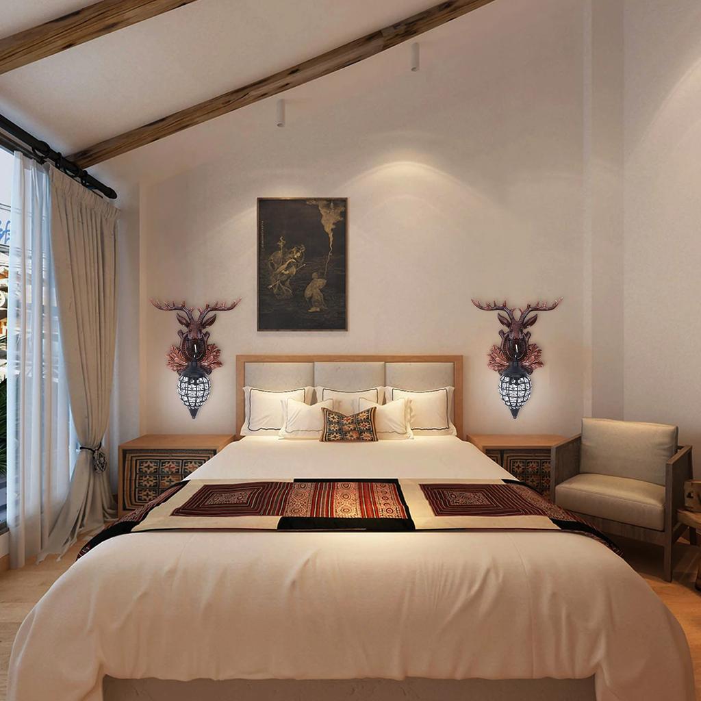 Deer Head Wall Light, Antler Wall Lamp, European Style Wall Mount Lighting, Bedroom Handmade Fixture W/ K9 Crystals & E12 Base