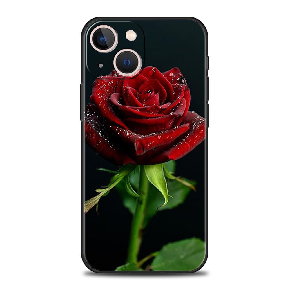 Luxury Phone Case For Apple iPhone 11 15 14 Pro MAX 12 13 7 8 Plus X XR XS MAX SE Black Cover Funda Beautiful Red Rose Flowers