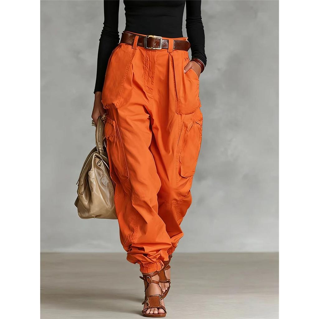 Women High Waist Cargo Pants Multi‑Pocket Loose Harem Trousers Drawstring Ankle Banded Casual Streetwear