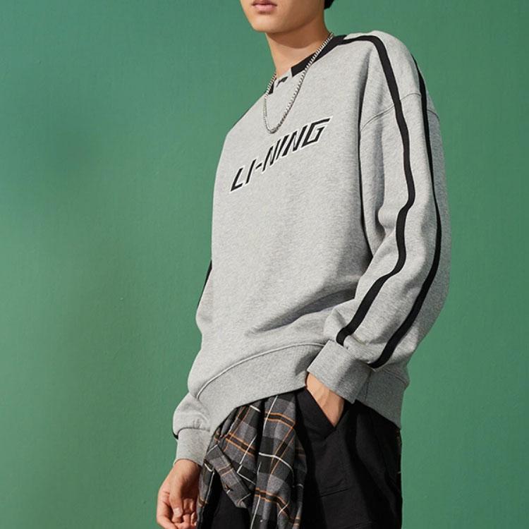 Li Ning Sportlicher Lifestyle Serie Lockerer Rundhals-Pullover Warmes Fleece-Sweatshirt Unisex-Sweatshirt Blume-Grau AWDU917-5